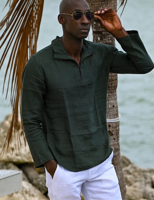 Men's Sicily Solid Long Sleeve Zip Up Linen Shirts