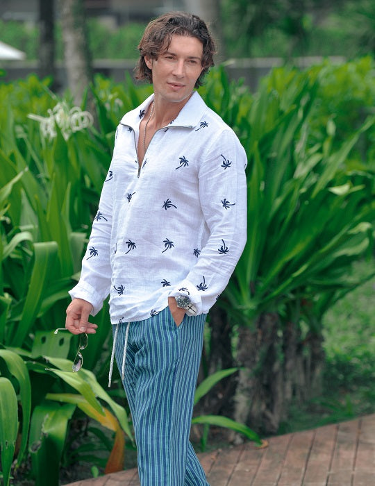 Sicily All Over Embroidered Long Sleeve Zip Up Linen Shirts