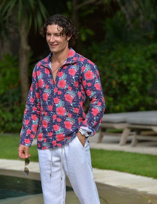 Men's Sicily Patterned Long Sleeve Zip Up Linen Shirts