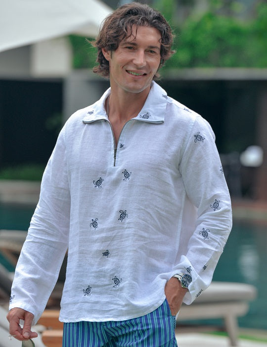 Sicily All Over Embroidered Long Sleeve Zip Up Linen Shirts