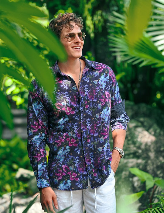 Men's St-Jean Lightweight Cotton Voile Shirt – Midnight Flowers
