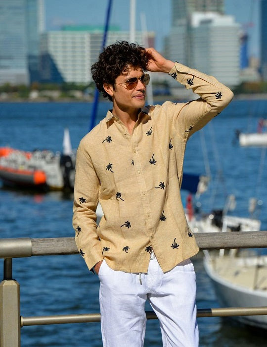 Men's St Barth Embroidered (Beige with Navy Palm) Linen Shirt