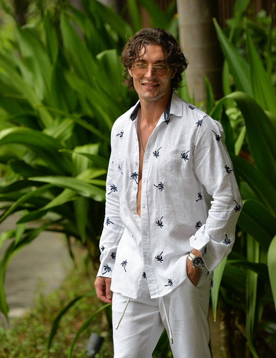 Men's St Barth Embroidered (White with Navy Palm) Linen Shirt