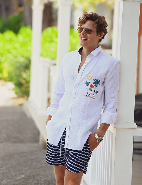 Men's St Barth Limited Linen Long Sleeve Shirts with Chest Embroidery
