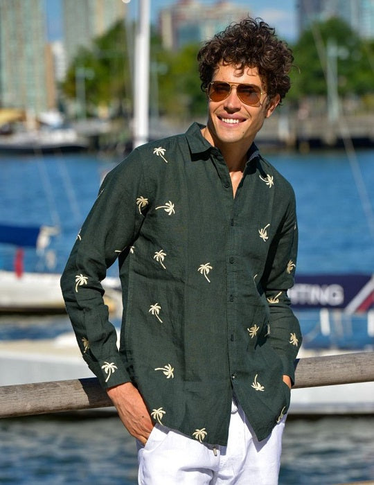 Men's St Barth All Over Embroidered Linen Long Sleeve Shirts