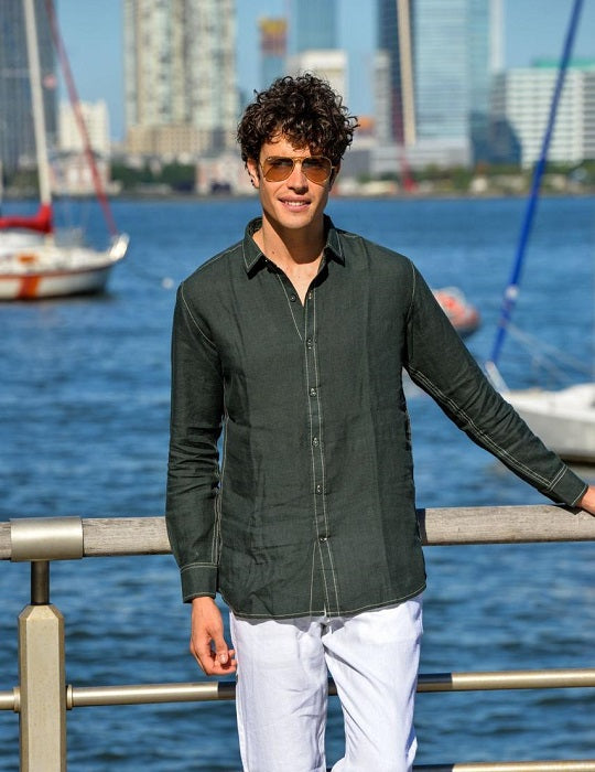 Men's St Barth Solid Contrast Stitched Linen Long Sleeve Shirts