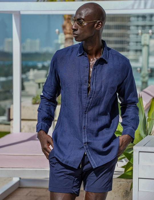 St Barth Saddle Stitch Solid Linen Long Sleeve Shirts