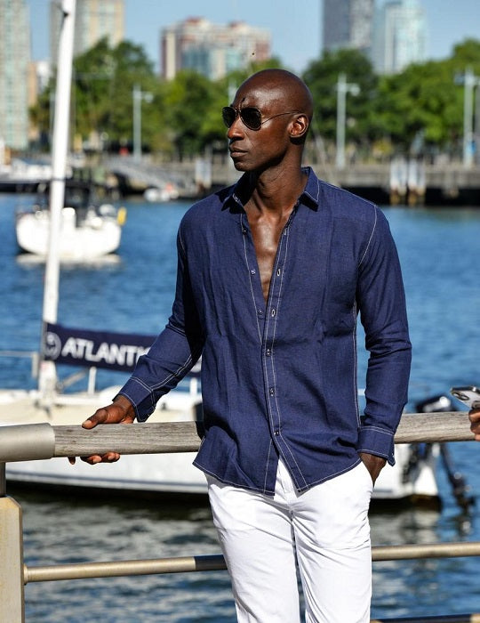 Men's St Barth Solid Contrast Stitched Linen Long Sleeve Shirts