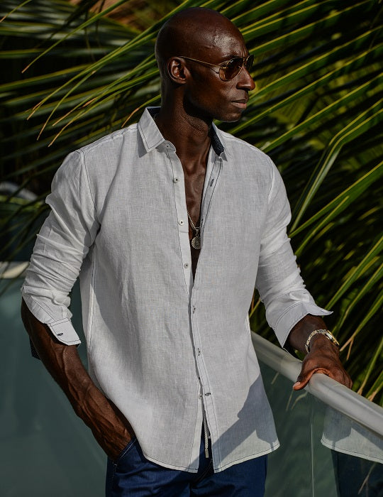 Men's St Barth Solid Contrast Stitched Linen Long Sleeve Shirts