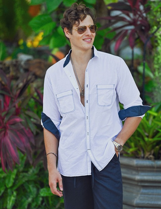 Oceanside Long Sleeve Linen Shirt with Contrast Stitching