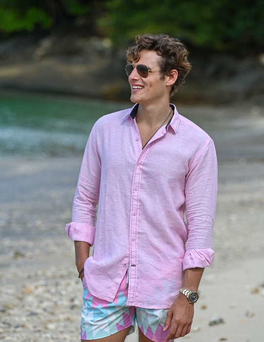 St Barth Saddle Stitch Solid Linen Long Sleeve Shirts