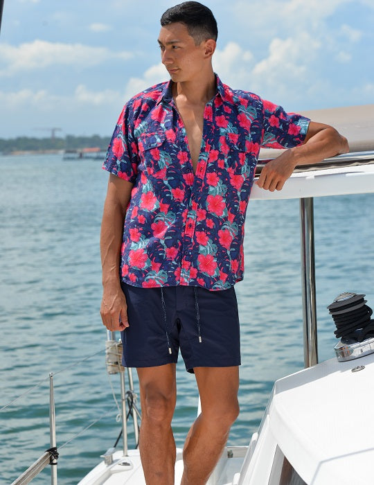 Men's Aruba Patterned Short Sleeve Cargo Linen Shirts