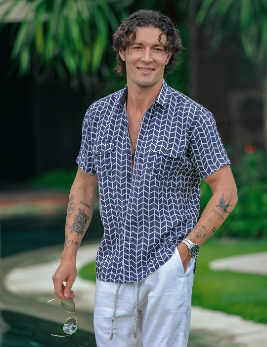 Men's Aruba Patterned Short Sleeve Cargo Linen Shirts