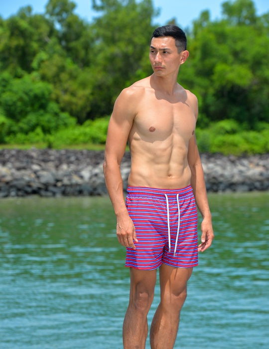Men's Catamaran Sports Swim Shorts - Small Horizontal Stripes
