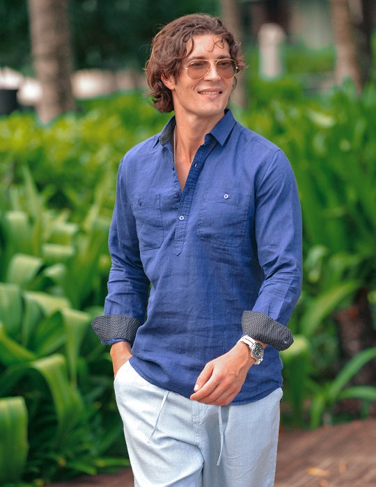 Ibiza Long Sleeve Solid Pull on Linen Shirts