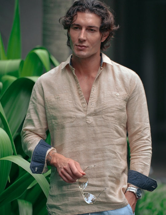 Ibiza Long Sleeve Solid Pull on Linen Shirts