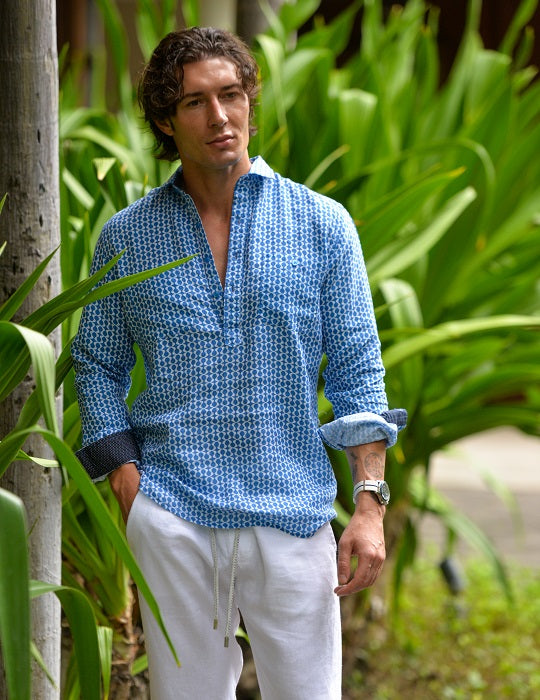 Ibiza Long Sleeve Patterned Pull on Linen Shirts