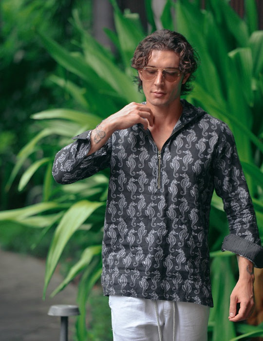 Men's Long Beach Patterned Linen Hoodies