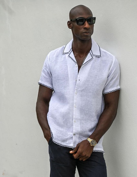 Maldini Short Sleeve Linen Shirt with Embroidery
