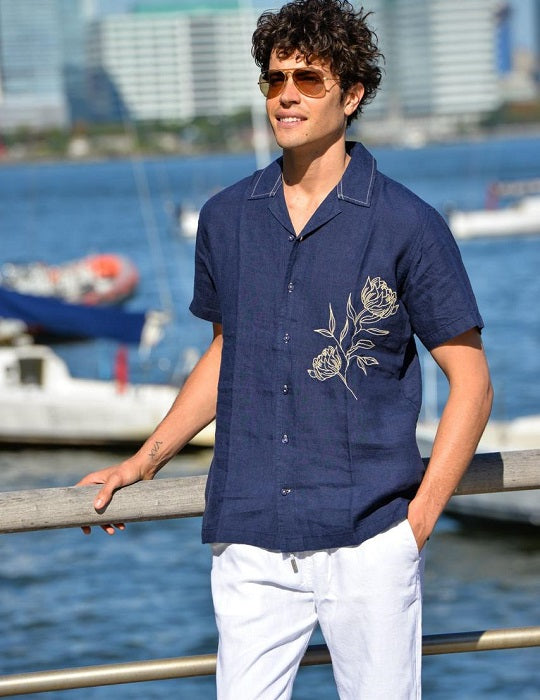 Mustique Embroidered Short Sleeve Camp Collar Linen Shirts