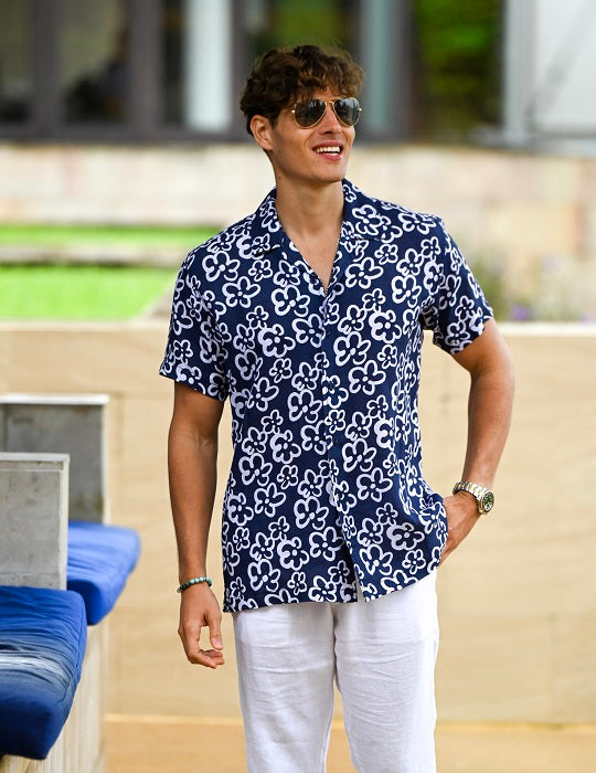 Men's Mustique Patterned Short Sleeve Camp Collar Linen Shirts - Mirasol