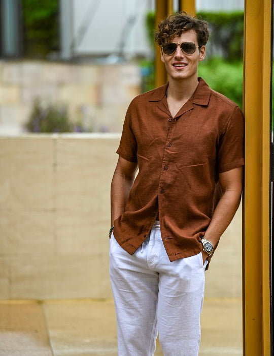 Men's Mustique Solid Short Sleeve Camp Collar Linen Shirt - Chocolate Brown
