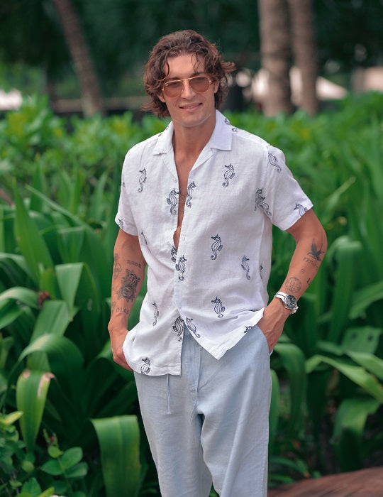 Men's Mustique All Over Embroidered Short Sleeve Camp Collar Linen Shirts