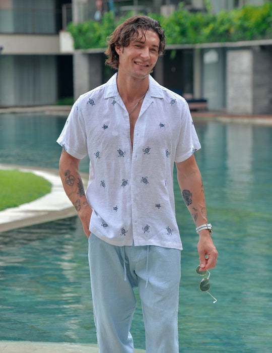 Mustique All Over Embroidered Short Sleeve Camp Collar Linen Shirts