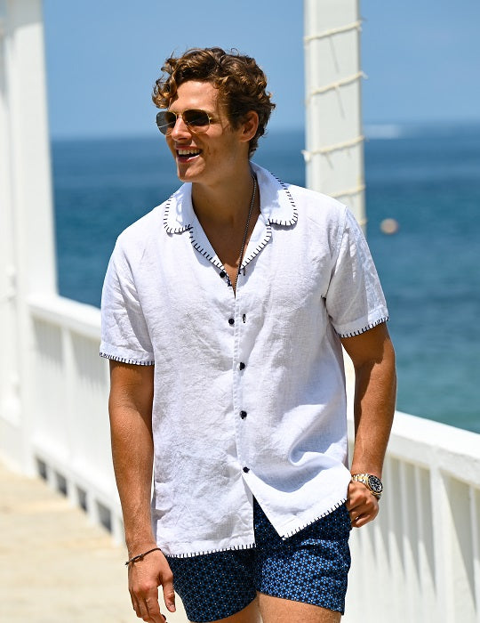 Men's Mustique Blanket Short Sleeve Linen Shirt with Blanket Stitch