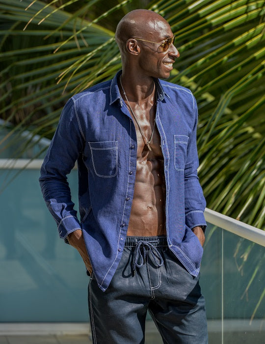 Oceanside Long Sleeve Linen Shirt with Contrast Stitching
