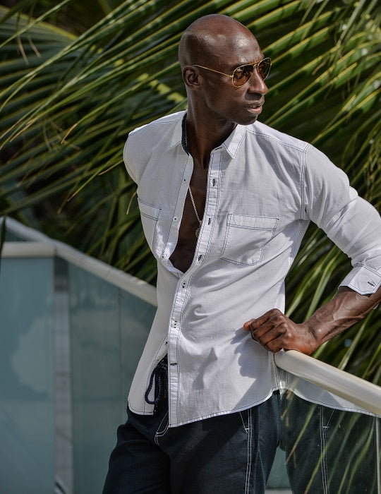 Oceanside Long Sleeve Linen Shirt with Contrast Stitching