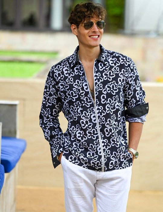 Men's Pitt Patterned Long Sleeve Linen Zip Front Shirts - Mirasol