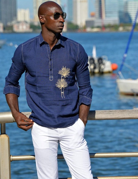 Men's Sardinia Embroidered Long Sleeve Pull on Linen Shirts