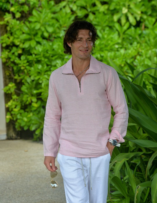 Men's Sicily Solid Long Sleeve Zip Up Linen Shirts