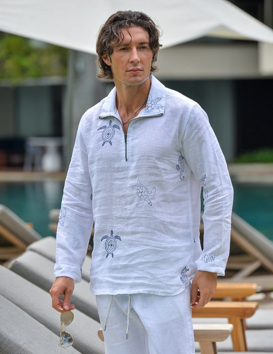 Sicily All Over Embroidered Long Sleeve Zip Up Linen Shirts