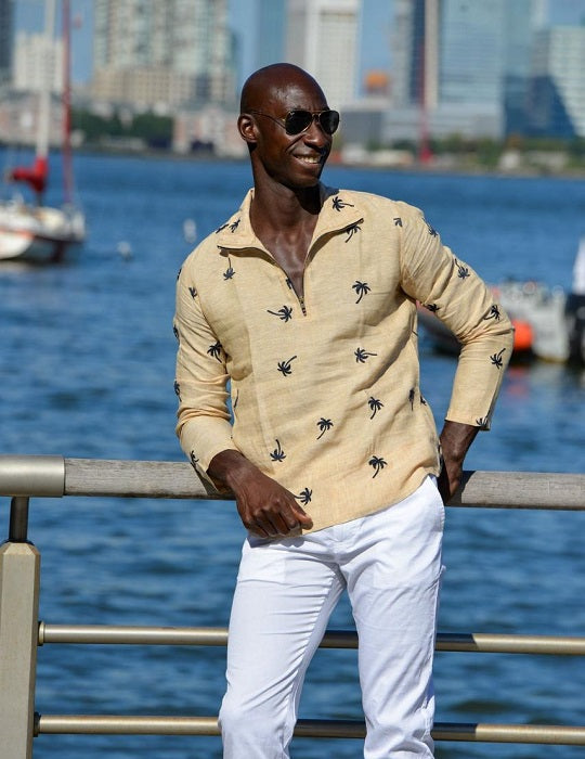 Men's Sicily All Over Embroidered Long Sleeve Zip Up Linen Shirts
