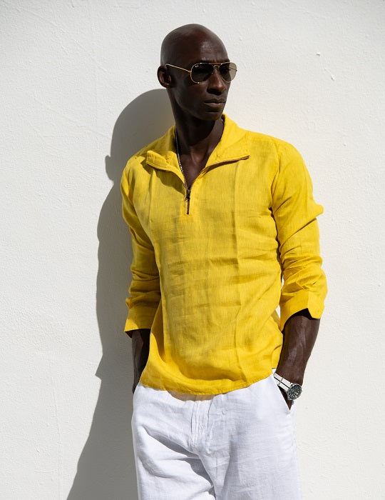 Men's Sicily Solid Long Sleeve Zip Up Linen Shirts