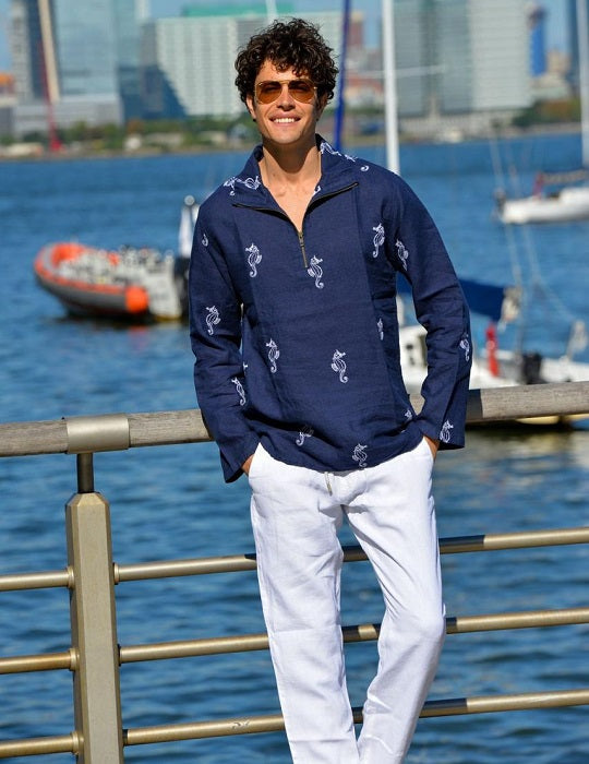 Men's Sicily All Over Embroidered Long Sleeve Zip Up Linen Shirts