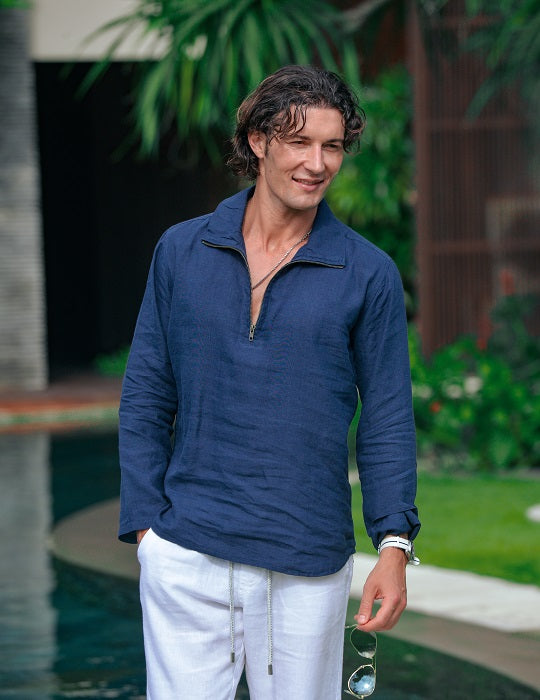 Men's Sicily Solid Long Sleeve Zip Up Linen Shirts