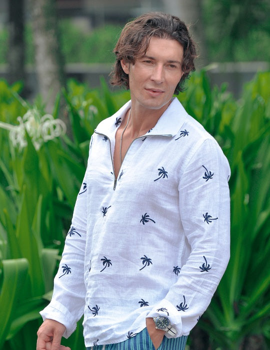 Sicily All Over Embroidered Long Sleeve Zip Up Linen Shirts
