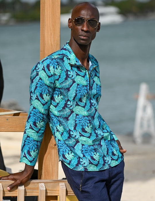 Men's Sicily Patterned Long Sleeve Zip Up Linen Shirts