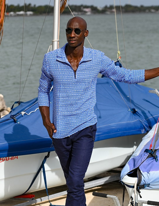 Men's Sicily Patterned Long Sleeve Zip Up Linen Shirts