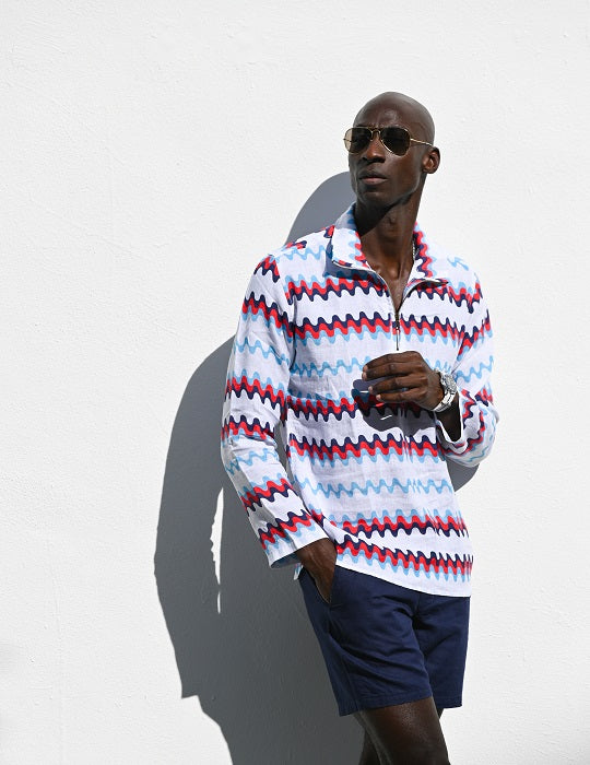 Men's Sicily Patterned Long Sleeve Zip Up Linen Shirts