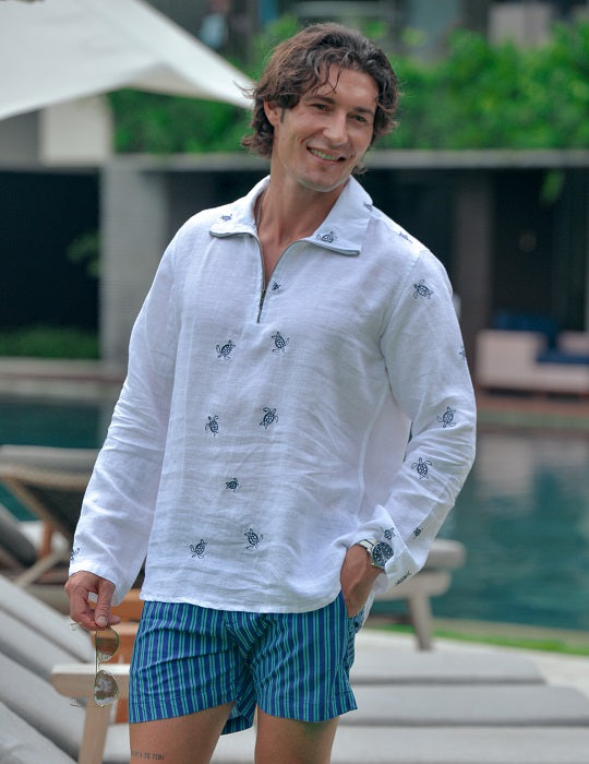 Sicily All Over Embroidered Long Sleeve Zip Up Linen Shirts
