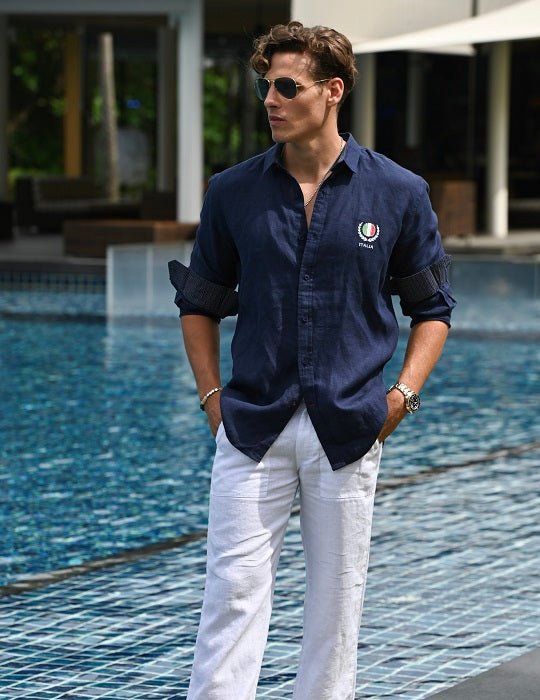 Men's St Barth with Italy Embroidery Linen Long Sleeve Shirts