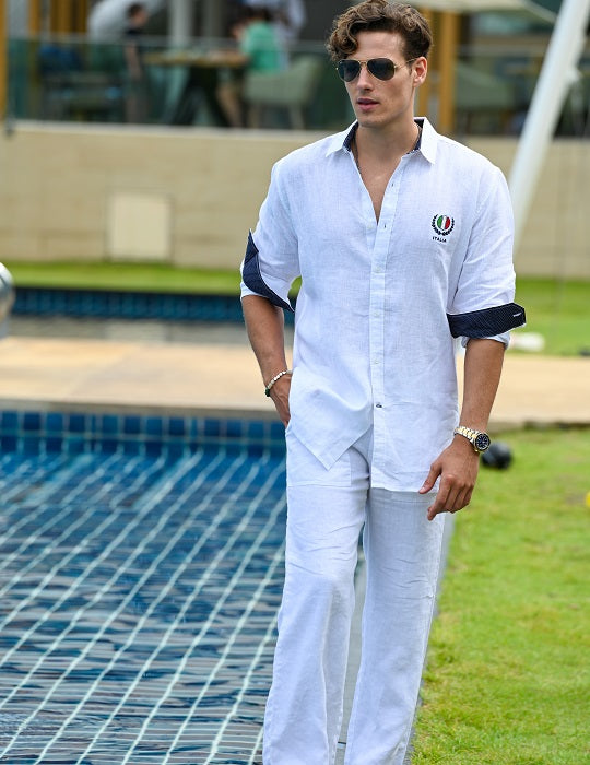 Men's St Barth with Italy Embroidery Linen Long Sleeve Shirts