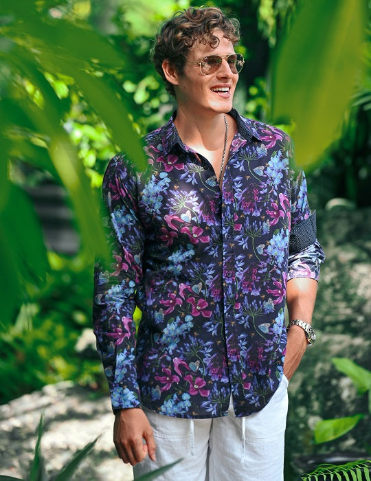 Men's St-Jean Lightweight Cotton Voile Shirt – Midnight Flowers