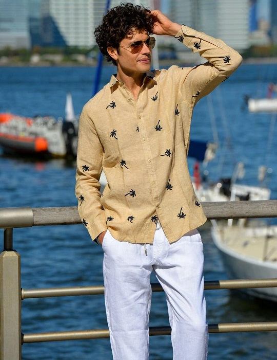 Men's St Barth Embroidered (Beige with Navy Palm) Linen Shirt