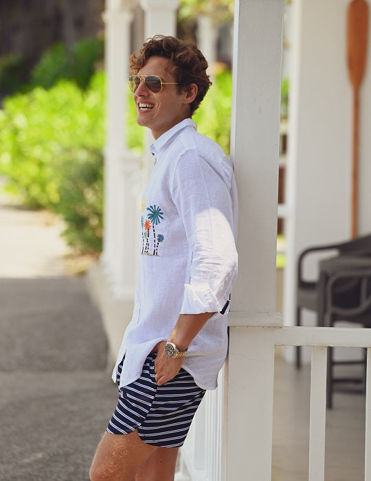 Men's St Barth Limited Linen Long Sleeve Shirts with Chest Embroidery