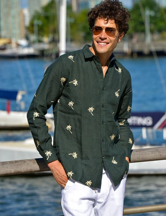 Men's St Barth All Over Embroidered Linen Long Sleeve Shirts